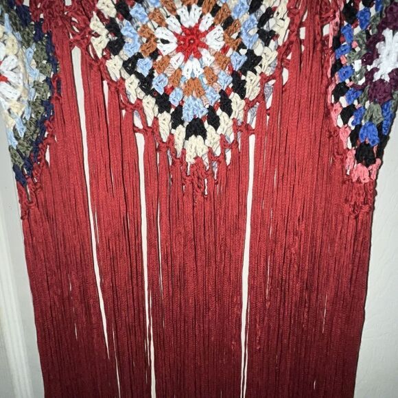 Women’s Swim Cover Up One Size Red Crochet Tassel Beach Mid Length Sexy - Picture 4 of 9